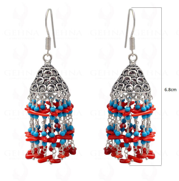 Coral & Blue Turquoise Gemstone Bead Earrings In Silver GE06-1100