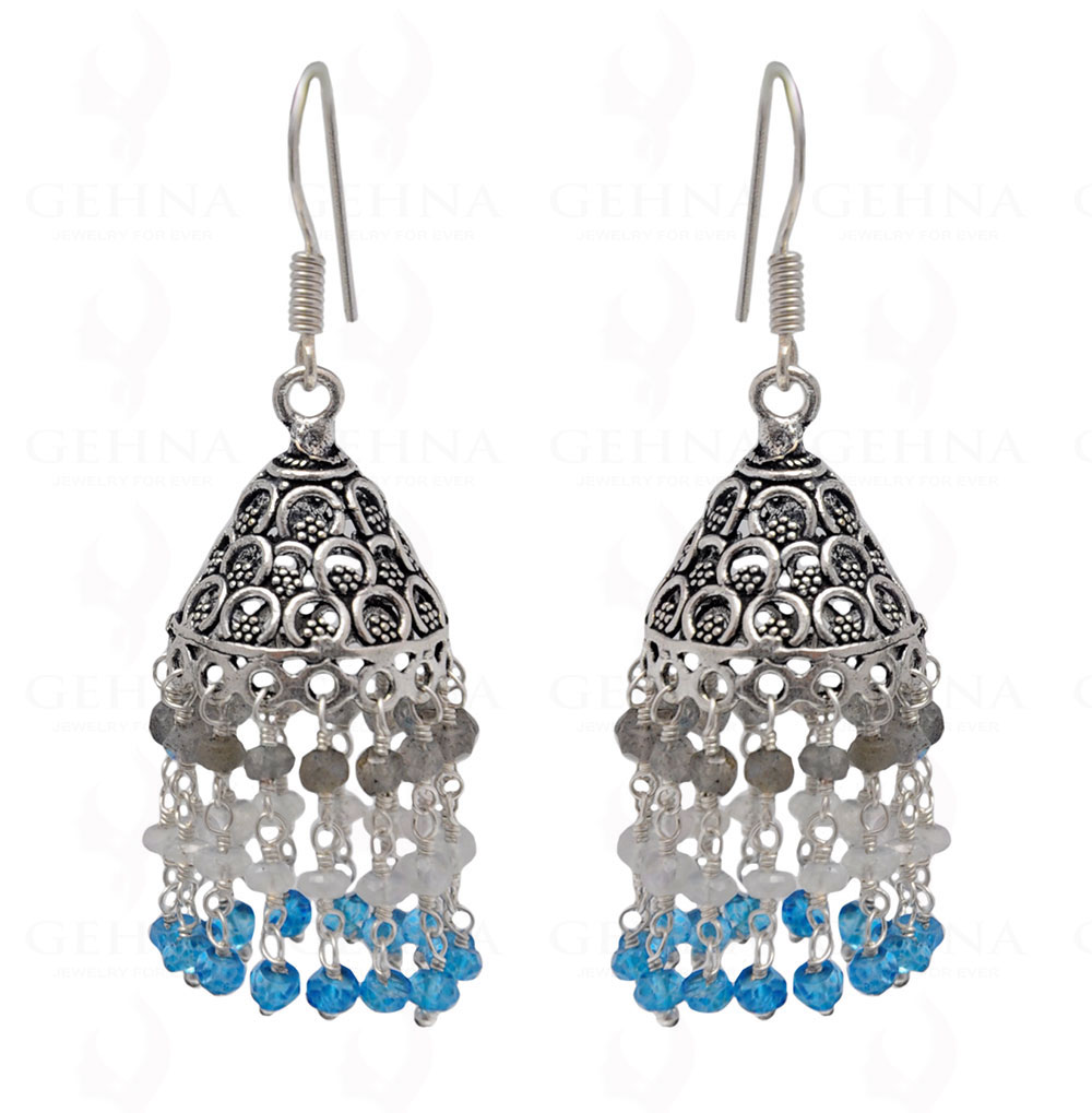 Labradorite, Moonstone & Topaz Gemstone Faceted Bead Earrings In Silver GE06-1101