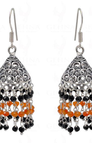 Black Spinel & Carnelian Gemstone Faceted Bead Earrings In Silver GE06-1102