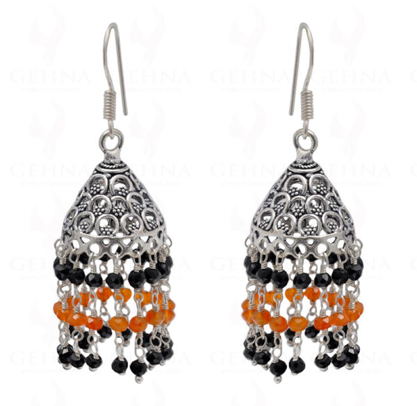 Black Spinel & Carnelian Gemstone Faceted Bead Earrings In Silver GE06-1102