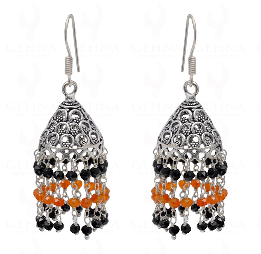 Black Spinel & Carnelian Gemstone Faceted Bead Earrings In Silver GE06-1102