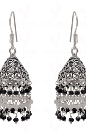 Black Spinel & White Moonstone Gemstone Faceted Bead Earrings In Silver GE06-1105
