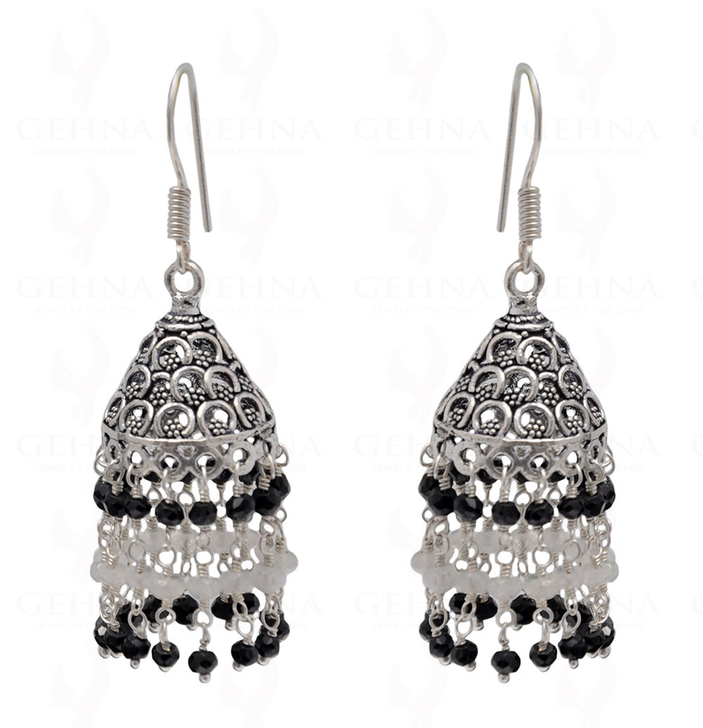Black Spinel & White Moonstone Gemstone Faceted Bead Earrings In Silver GE06-1105