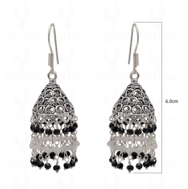 Black Spinel & White Moonstone Gemstone Faceted Bead Earrings In Silver GE06-1105