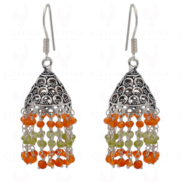 Carnelian & Peridot Gemstone Faceted Bead Earrings In Silver GE06-1107