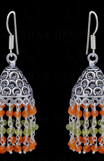 Carnelian & Peridot Gemstone Faceted Bead Earrings In Silver GE06-1107