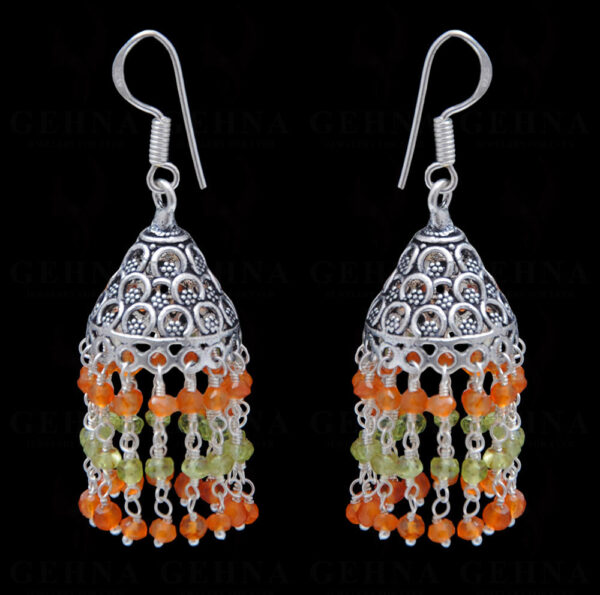 Carnelian & Peridot Gemstone Faceted Bead Earrings In Silver GE06-1107