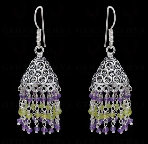 Amethyst & Peridot Gemstone Faceted Bead Earrings In Silver GE06-1109