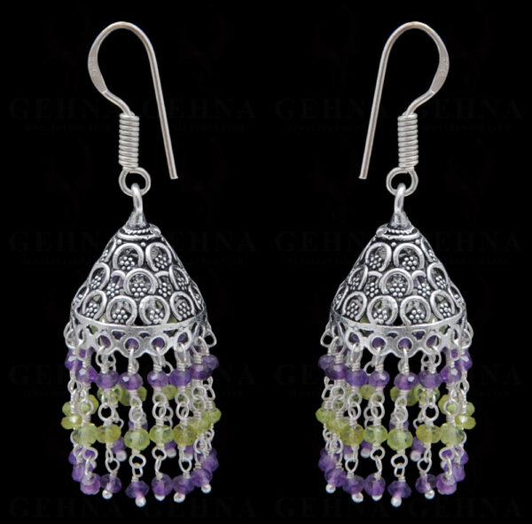 Amethyst & Peridot Gemstone Faceted Bead Earrings In Silver GE06-1109