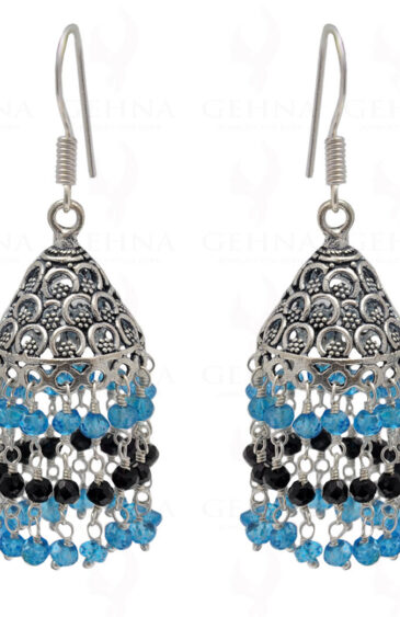 Blue Topaz & Black Spinel Gemstone Faceted Bead Earrings In Silver GE06-1110
