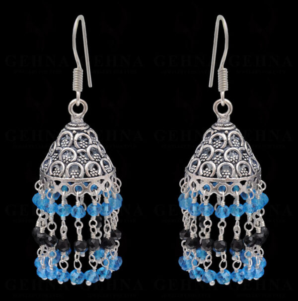 Blue Topaz & Black Spinel Gemstone Faceted Bead Earrings In Silver GE06-1110