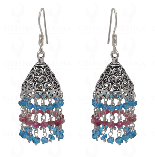Pink Tourmaline & Blue Topaz Gemstone Faceted Bead Earrings In Silver GE06-1112