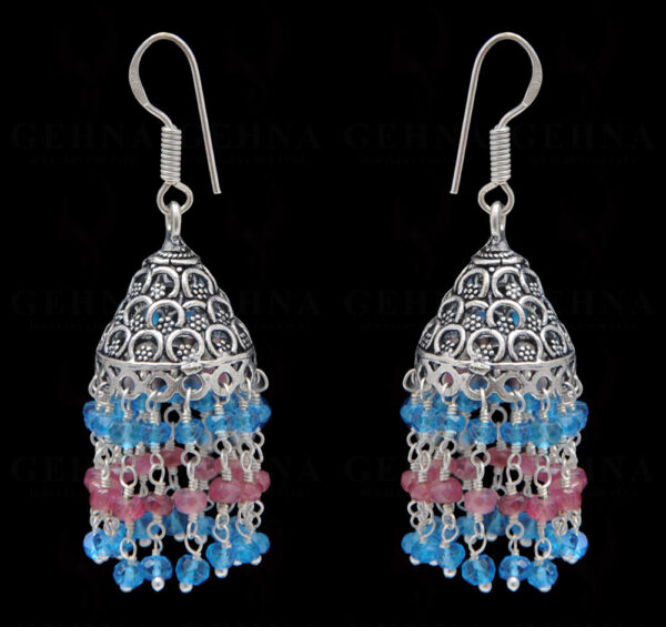 Pink Tourmaline & Blue Topaz Gemstone Faceted Bead Earrings In Silver GE06-1112