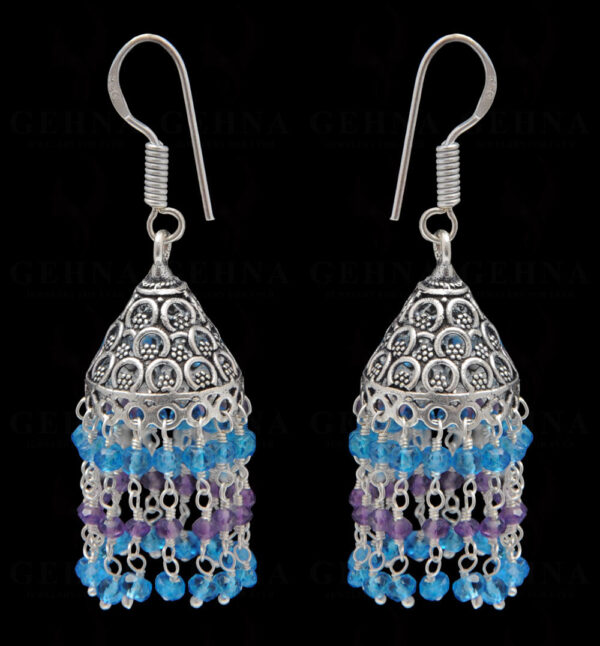 Amethyst & Blue Topaz Gemstone Faceted Bead Earrings In Silver GE06-1114