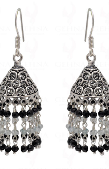 Black Spinel & Aquamarine Gemstone Faceted Bead Earrings In Silver GE06-1116