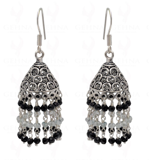 Black Spinel & Aquamarine Gemstone Faceted Bead Earrings In Silver GE06-1116