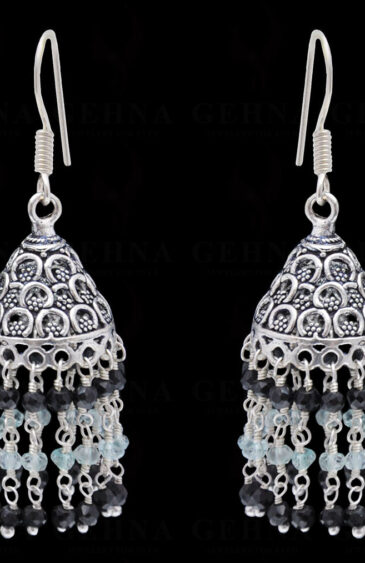 Black Spinel & Aquamarine Gemstone Faceted Bead Earrings In Silver GE06-1116