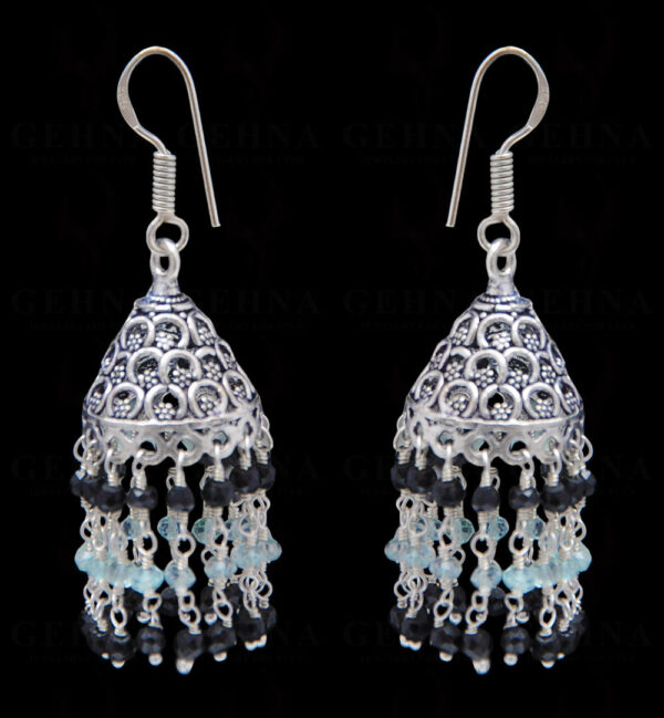 Black Spinel & Aquamarine Gemstone Faceted Bead Earrings In Silver GE06-1116