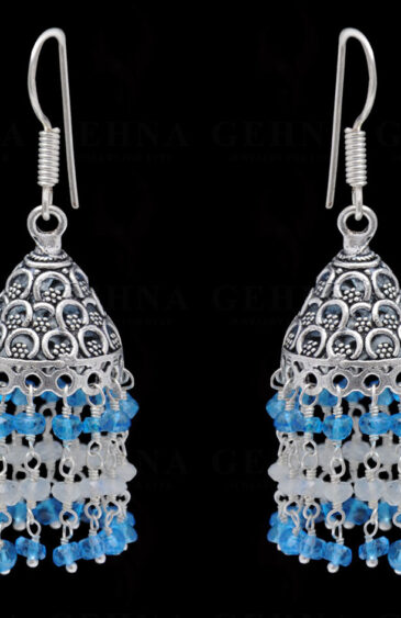 Blue Topaz & White Moonstone Gemstone Faceted Bead Earrings In Silver GE06-1117