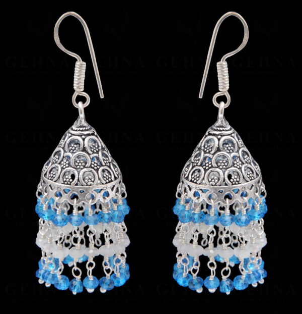 Blue Topaz & White Moonstone Gemstone Faceted Bead Earrings In Silver GE06-1117