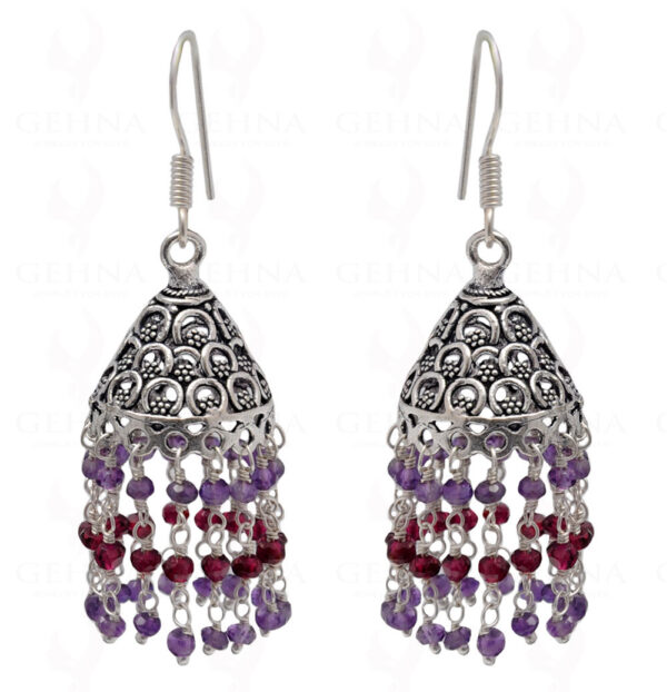 Garnet & Amethyst Gemstone Faceted Bead Earrings In Silver GE06-1118