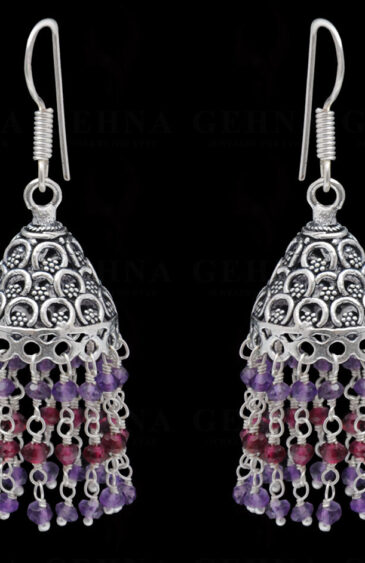 Garnet & Amethyst Gemstone Faceted Bead Earrings In Silver GE06-1118