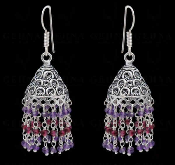 Garnet & Amethyst Gemstone Faceted Bead Earrings In Silver GE06-1118