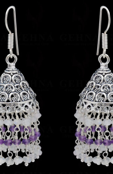 White Moonstone & Amethyst Gemstone Faceted Bead Earrings In Silver GE06-1119