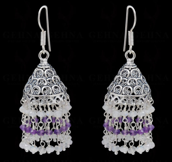 White Moonstone & Amethyst Gemstone Faceted Bead Earrings In Silver GE06-1119