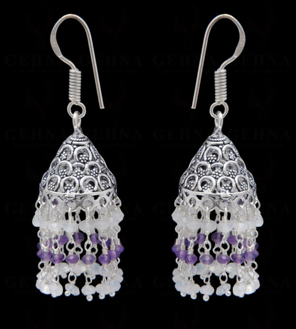 White Moonstone & Amethyst Gemstone Faceted Bead Earrings In Silver GE06-1119