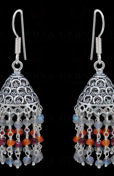 Labradorite & Carnelian Gemstone Faceted Bead Earrings In Silver GE06-1122