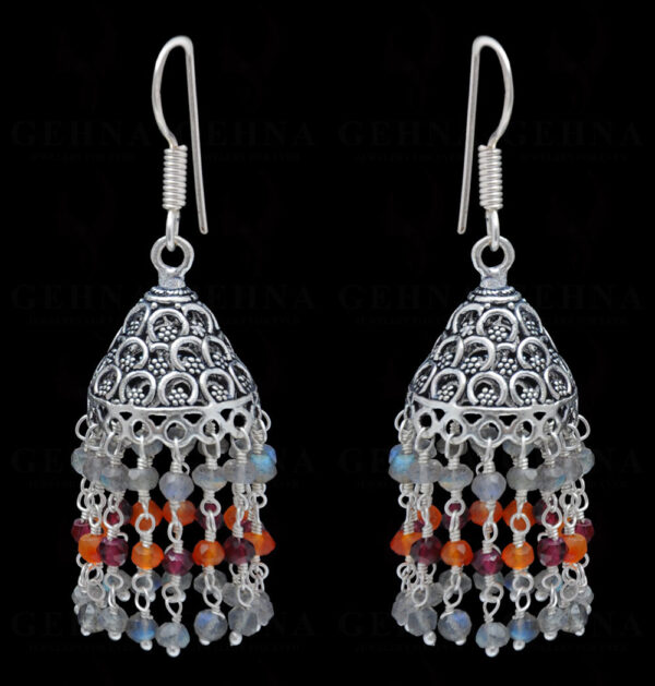 Labradorite & Carnelian Gemstone Faceted Bead Earrings In Silver GE06-1122