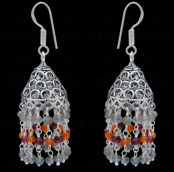 Labradorite & Carnelian Gemstone Faceted Bead Earrings In Silver GE06-1122