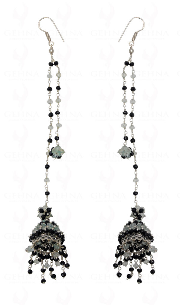 Aquamarine & Black Spinel Gemstone Faceted Bead Earrings In Silver GE06-1129