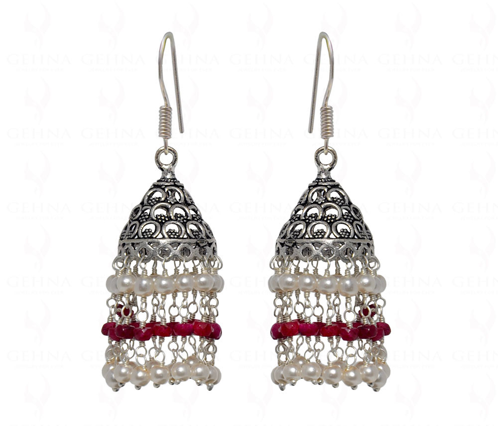 White Pearl & Red Ruby Gemstones Knotted Jhumki Style Earrings GE06-1131