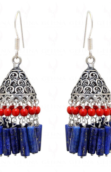 Blue Lapiz Lazuli & Coral Gemstones Knotted Jhumki Style Earrings GE06-1134