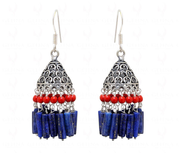 Blue Lapiz Lazuli & Coral Gemstones Knotted Jhumki Style Earrings GE06-1134