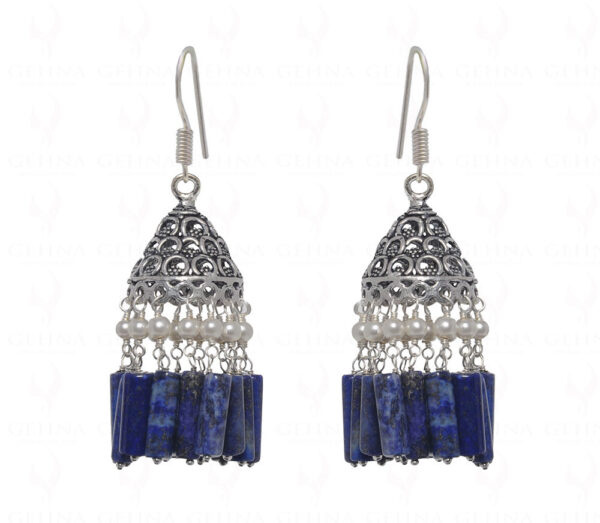 Blue Lapiz Lazuli & White Pearl Gemstones Knotted Jhumki Earrings GE06-1137