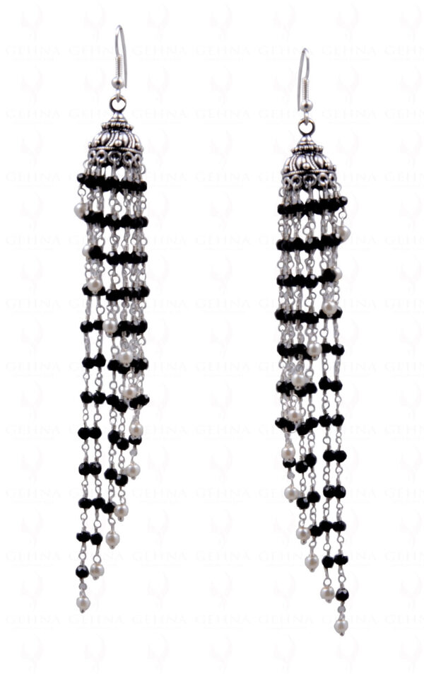 Pearl & Black Spinel Gemstone Knotted Jhumki Style Earrings GE06-1138
