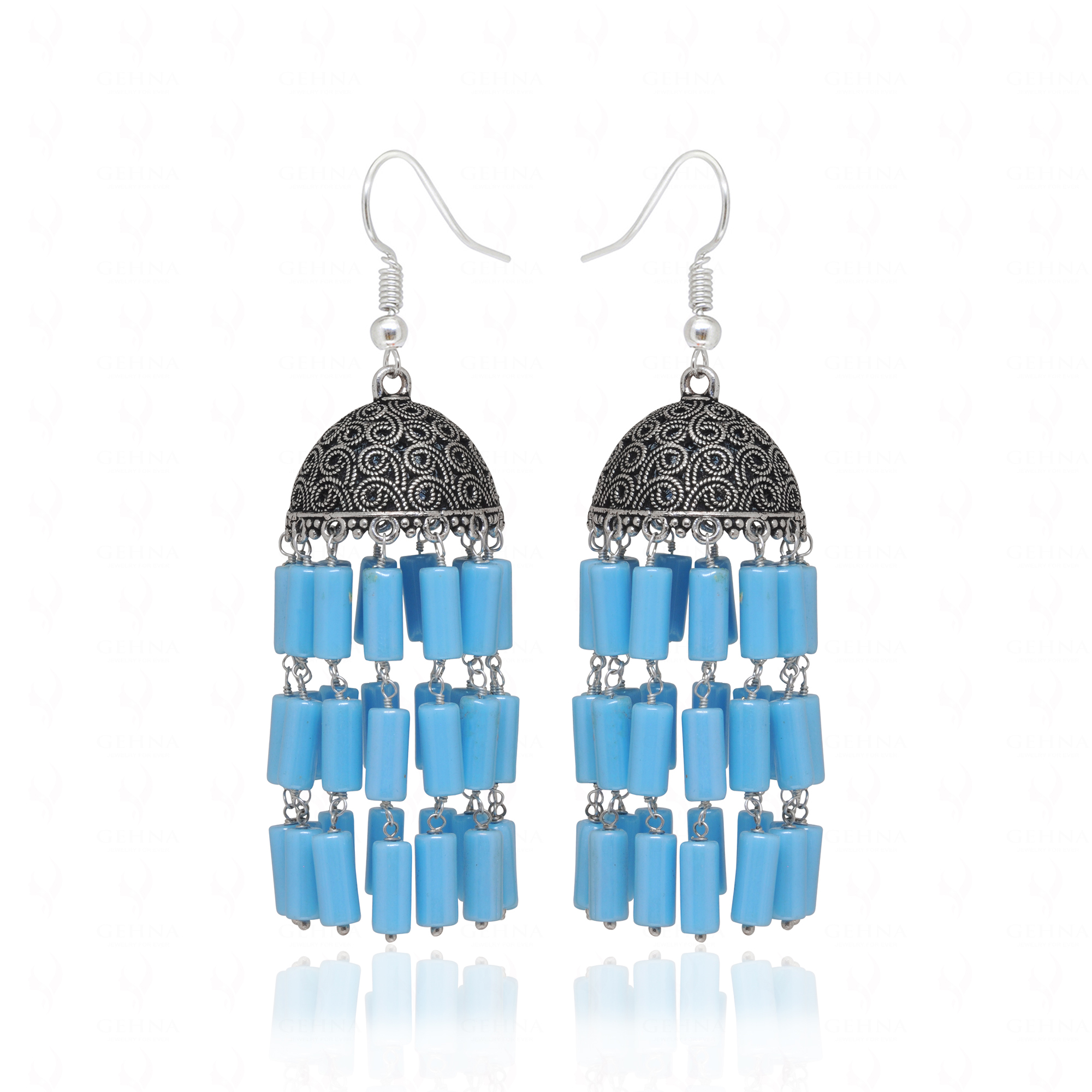 Blue Turquoise Gemstone Knotted Oxidized Jhumki Style Earrings GE06-1142