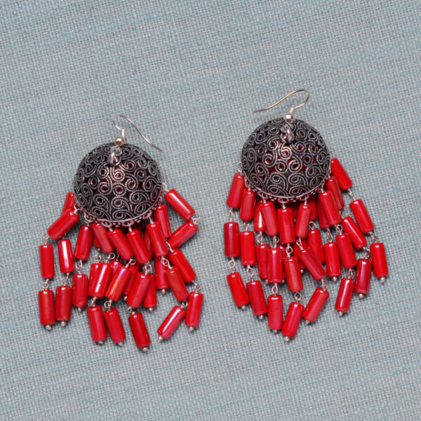 Red Jasper Gemstone Knotted Oxidized Jhumki Style Earrings GE06-1143