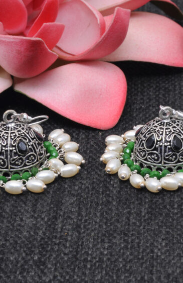 Black Spinel & Pearl Studded Antique Polished Jhumki Earrings For Women GE06-1149