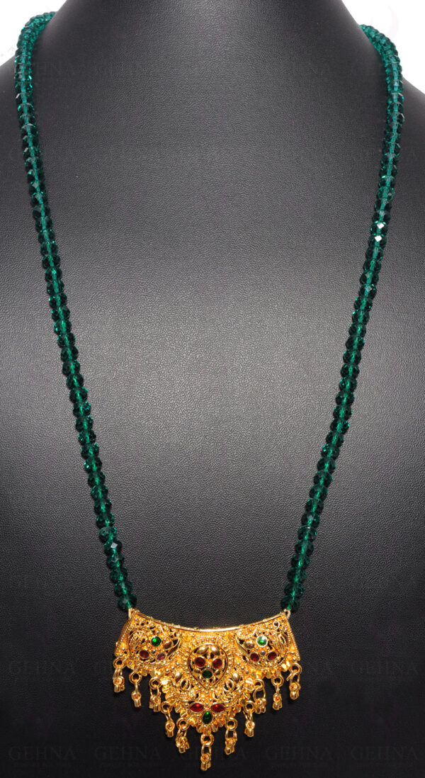 Green Color Stone Faceted Bead Necklace With Gold Rhodium Pendant - CN-1015