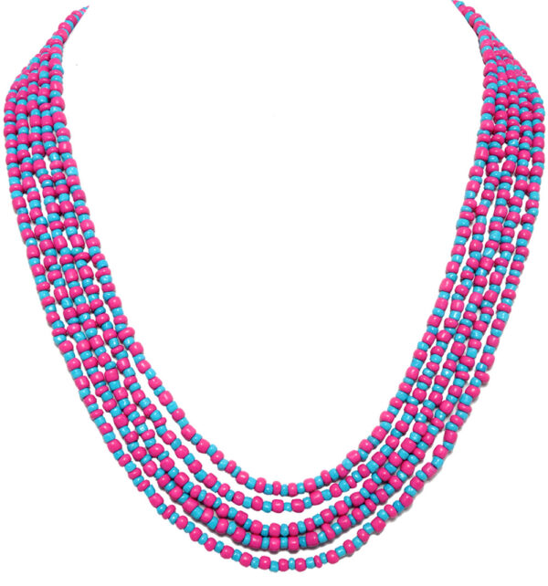 5 Rows Turquoise Blue & Pink Color Beads Necklace - CN-1018