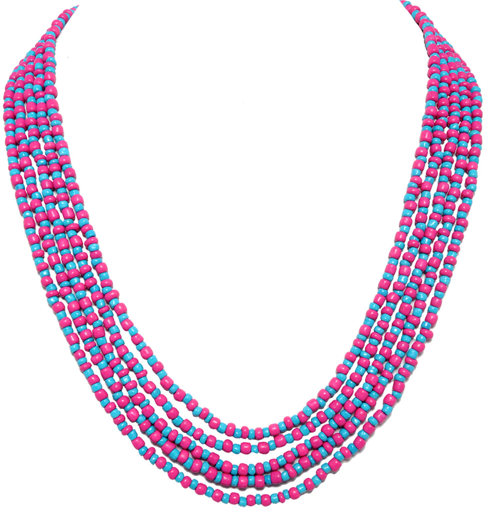 5 Rows Turquoise Blue & Pink Color Beads Necklace - CN-1018
