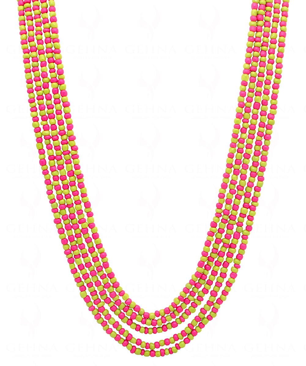 5 Rows Necklace Of Pink And Green Color Plain Beads - CN-1030
