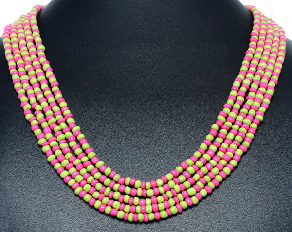 5 Rows Necklace Of Pink And Green Color Plain Beads - CN-1030