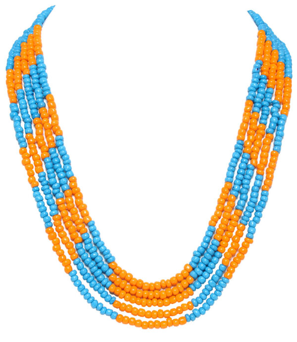 5 Rows Necklace Of Turquoise Blue And Orange Color Round Beads - CN-1033