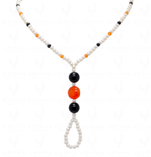 Pearl, Black Onyx & Carnelian Gemstone Bead Necklace - CN-1059