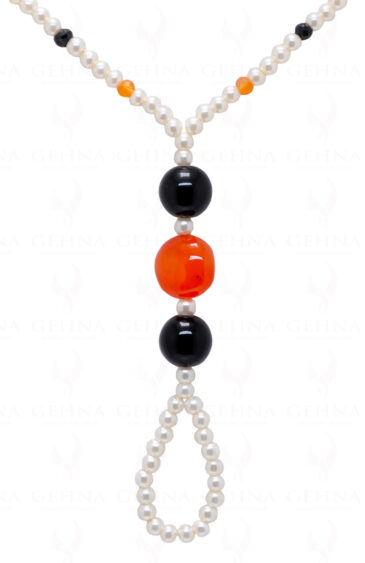 Pearl, Black Onyx & Carnelian Gemstone Bead Necklace – CN-1059